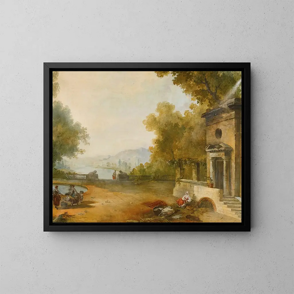 Figures sur une terrasse surplombant un grand lac - Ecole de Hubert Robert — oprawiony obraz na ścianie