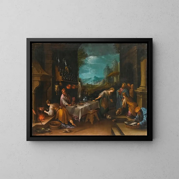 Chrystus w domu Marii i Marty - Szkoła Jacopo da Ponte — oprawiony obraz na ścianie