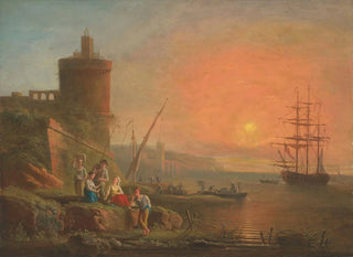 Francesco Fidanza - A coastal landscape at sunset with fisherfolk by the shore.webp