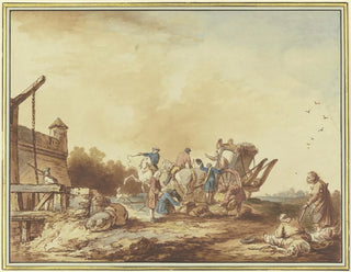 Francesco Giuseppe Casanova - Vor dem Tor einer Festung wird das Gepck eines Reisenden der dort mit seiner Kutsche hlt durchsucht rechts eine Bettlerfamilie mit einem Hund.webp
