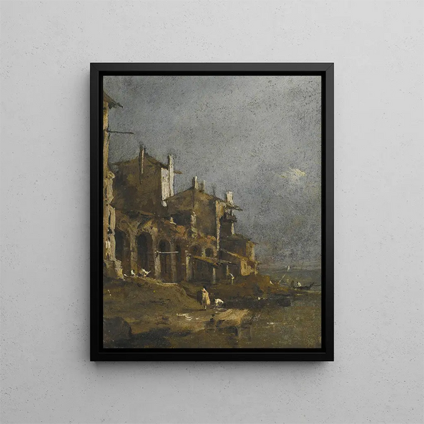 Krajobraz nadmorski Capriccio z postaciami na brzegu pod arkadą - Francesco Guardi — oprawiony obraz na ścianie