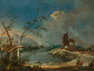 Un caprice d'une tour rustique au bord d'un lac - Francesco Guardi — widok dzieła