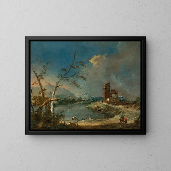 Un caprice d'une tour rustique au bord d'un lac - Francesco Guardi — oprawiony obraz na ścianie