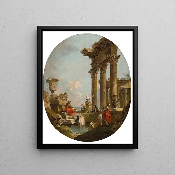 Un caprice architectural avec des personnages parmi des ruines classiques Un temple au-delà - Francesco Guardi — oprawiony obraz na ścianie