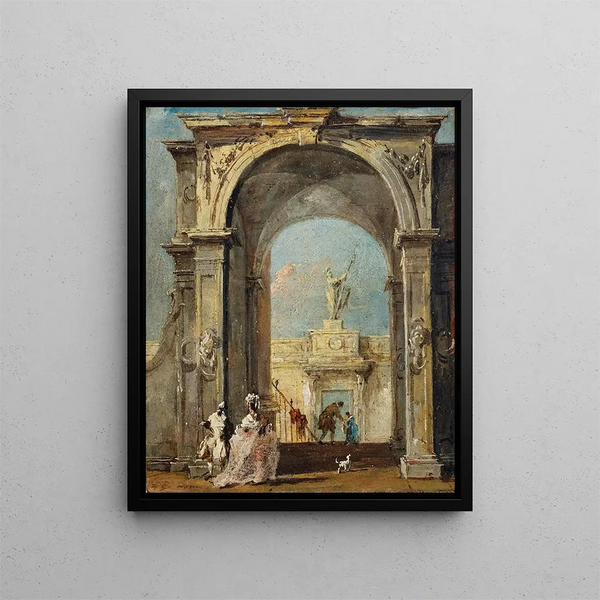Un caprice architectural avec des personnages élégamment vêtus et un chien à l'entrée d'un palais - Francesco Guardi — oprawiony obraz na ścianie