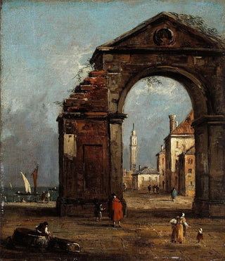 Francesco Guardi - Caprice avec arc triomphal en ruine et paysage du bord de la lagune.webp