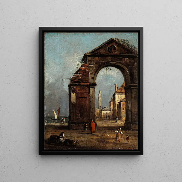 Caprice z triumfalnym łukiem w ruinie i pejzażem nad brzegiem laguny - Francesco Guardi — oprawiony obraz na ścianie