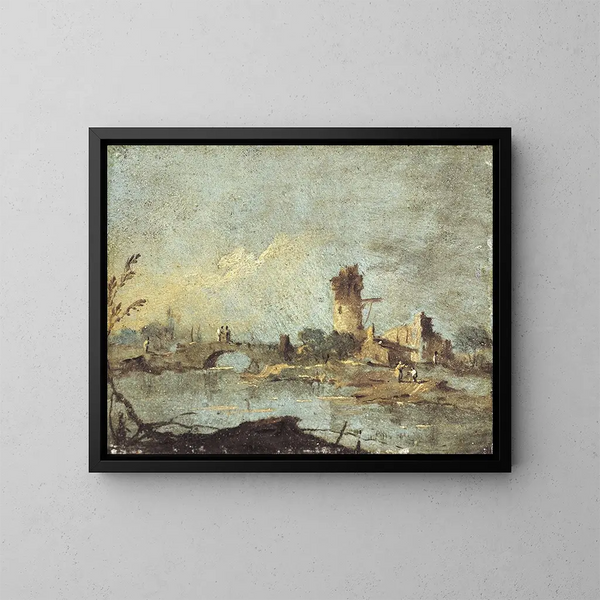 rustykalnego kaprysu z mostem i ruiną wieży - Francesco Guardi — oprawiony obraz na ścianie