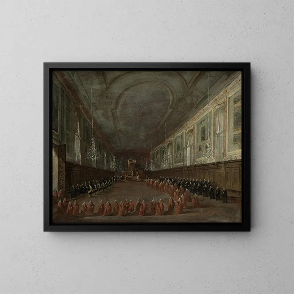Papieża Piusa VI schodzącego z tronu, aby pożegnać się z dogiem w sali SS Giovanni e Paolo 1782 - Francesco Guardi — oprawiony obraz na ścianie