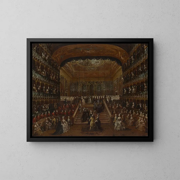 L. Wnętrze Teatro San Benedetto w Wenecji podczas balu w 1782 roku z okazji Conti del Nord - Francesco Guardi — oprawiony obraz na ścianie