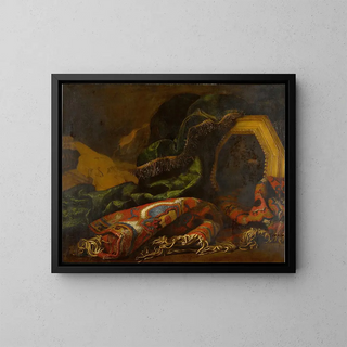 Francesco Noletti - Still life with carpets a painting of a putto and a violin.webp