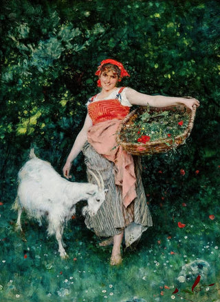 Francesco Vinea - A Young Italian Woman with a Goat and a Flower Basket.webp