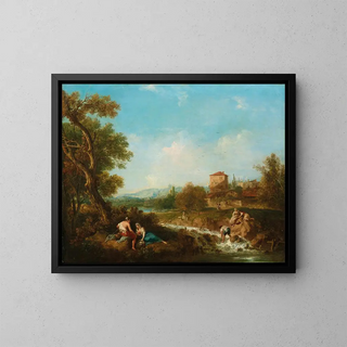 Francesco Zuccarelli - An Arcadian landscape with figures near a stream a village beyond.webp