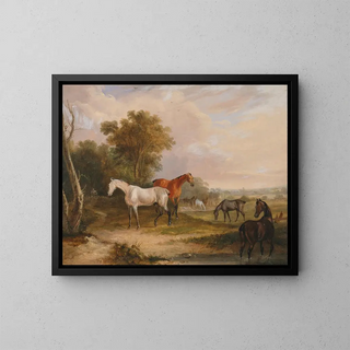 Francis Calcraft Turner - Horses Grazing a Grey Stallion Grazing with Mares in a Meadow.webp