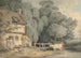Scena z życia wiejskiego z postaciami przy drzwiach chaty i bydłem w strumieniu - Francis Wheatley — widok dzieła