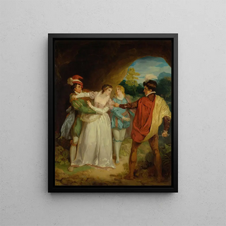 Francis Wheatley - Valentine rescuing Silvia from Proteus from Shakespeares The Two Gentlemen of Verona Act V Scene 4 the Outlaws Cave.webp