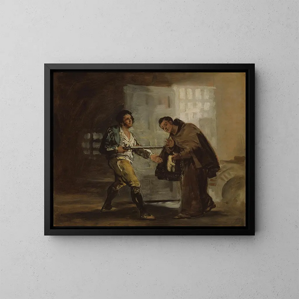 Brat Pedro oferuje buty El Maragato i przygotowuje się do odbezpieczenia broni. - Francisco de Goya — oprawiony obraz na ścianie