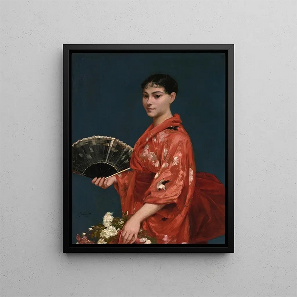 Młoda kobieta w czerwonym kimono - Frank Buchser — oprawiony obraz na ścianie