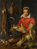 Sprzedawczyni trzymająca koguta z dziczyzną, szparagami, karczochami, przyborami kuchennymi i miską truskawek leśnych - Frans Snyders — widok dzieła