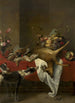 Kosz z dziczyzną i wazonem z kwiatami na stole - Frans Snyders — widok dzieła