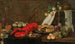 Un homar, des huîtres, une pâtisserie, des fruits mélangés et des verres de vin remplis sur une table partiellement drapée - Frans Ykens — widok dzieła