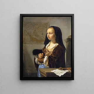 Frans van Mieris the Elder - Young Woman with Feather Fan Prepared to Go Out.webp
