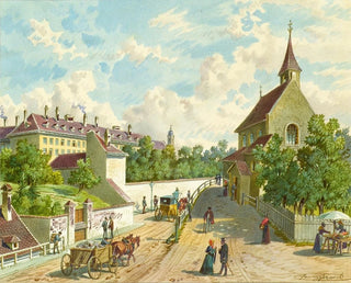 Franz Gerasch - Die Whringer Strae in Wien mit dem Versorgungshaus Zum Blauen Herrgott und der KrawotenKapelle.webp