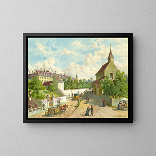 Franz Gerasch - Die Whringer Strae in Wien mit dem Versorgungshaus Zum Blauen Herrgott und der KrawotenKapelle.webp