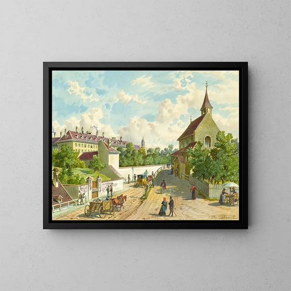 La rue Whringer à Vienne avec la maison de secours Zum Blauen Herrgott et la chapelle des Krawoten - Franz Gerasch — oprawiony obraz na ścianie