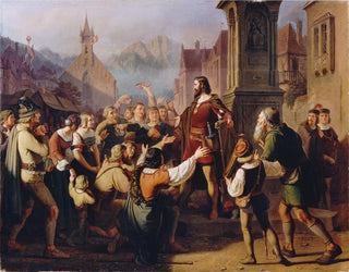 Le duc Frédéric IV przebrany za minstrela ukazuje się swoim wiernym Tyrolczykom, uciekając z Konstancji - Franz Schams — widok dzieła