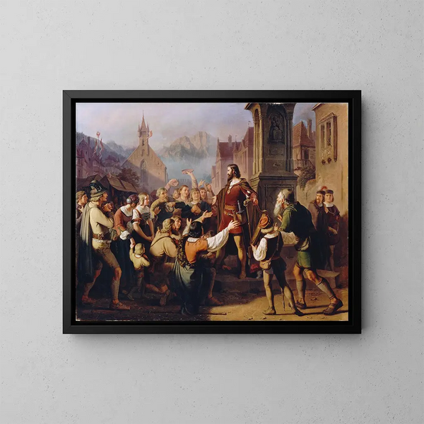 Le duc Frédéric IV przebrany za minstrela ukazuje się swoim wiernym Tyrolczykom, uciekając z Konstancji - Franz Schams — oprawiony obraz na ścianie