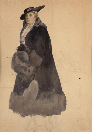 Franz von Bayros - Study of an elegant woman in a black coat.webp