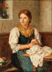Młoda dziewczyna w tradycyjnym stroju szyjąca w domu - Franz von Defregger — widok dzieła