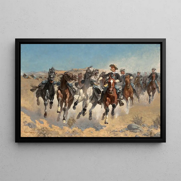 Demontowany, czwarty jeźdźcy przemieszczający konie prowadzone - Frederic Remington — oprawiony obraz na ścianie