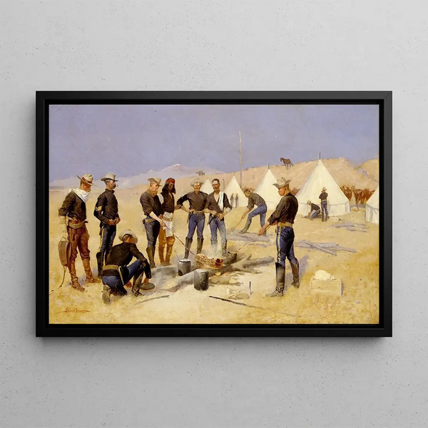 Rôtir le bœf de Noël dans un camp de cavalerie - Frederic Remington — oprawiony obraz na ścianie