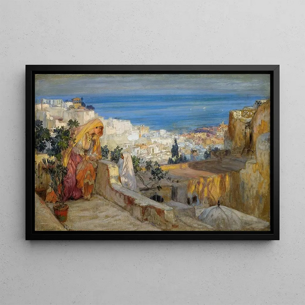 Kobiety arabskie na dachu z Algierem w oddali - Frederick Arthur Bridgman — oprawiony obraz na ścianie