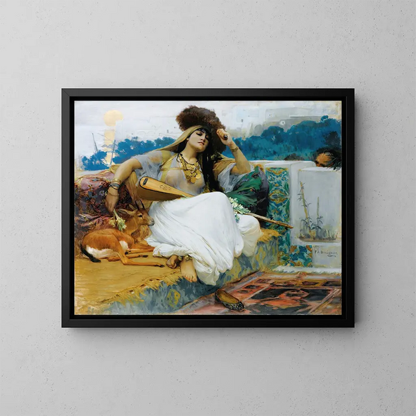 Młoda kobieta na tarasie - Frederick Arthur Bridgman — oprawiony obraz na ścianie