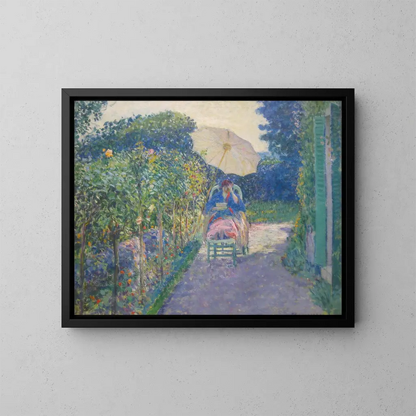 Kobieta siedząca w ogrodzie - Frederick Carl Frieseke — oprawiony obraz na ścianie