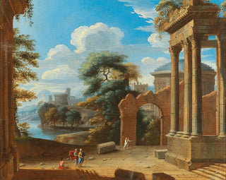 French School - A river landscape with figures by ruins.webp
