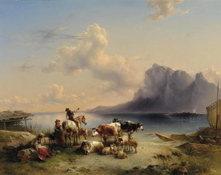 Pasterze i bydło nad brzegiem jeziora Attersee - Friedrich August Matthias Gauermann — widok dzieła