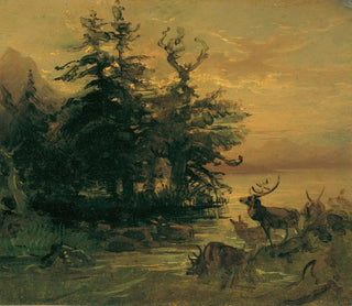 Friedrich August Matthias Gauermann - Suhlende Hirsche am Ufer eines Bergsees.webp