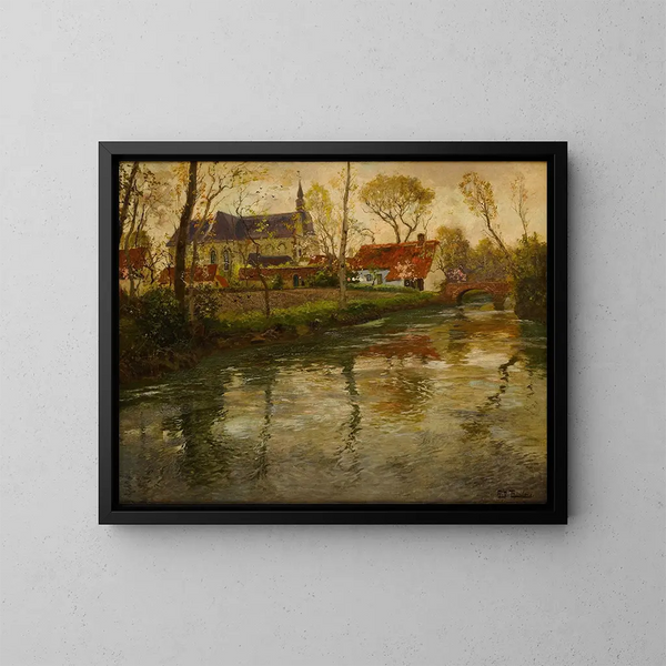 Krajobraz rzeczny z kościołem w tle - Frits Thaulow — oprawiony obraz na ścianie
