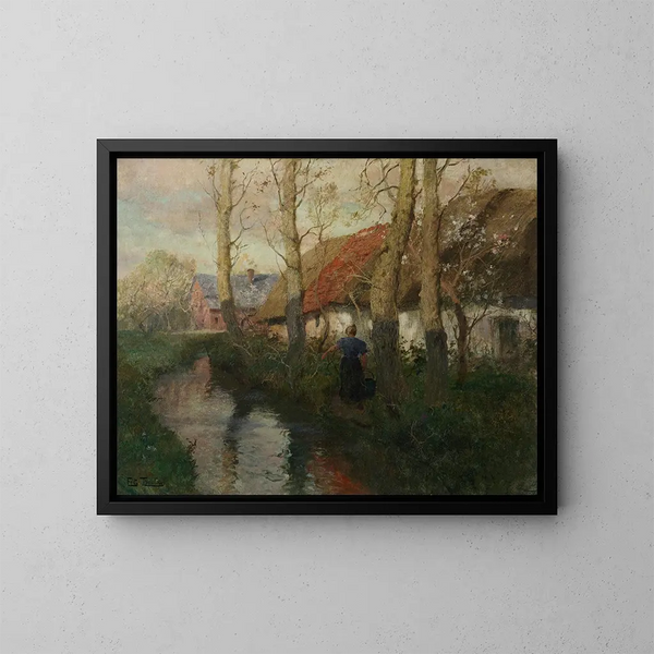 Rzeka w Normandii z kobietą niosącą wodę - Frits Thaulow — oprawiony obraz na ścianie