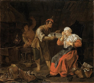 Stara kobieta na fotelu z plotkami - Gabriel Metsu — widok dzieła