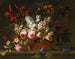 Martwa natura z różami, tulipanami, jaskrami, jaśminem i innymi kwiatami swobodnie ułożonymi w wiklinowym koszu na kamiennym parapecie - Gaspar Peeter Verbruggen starszy — widok dzieła