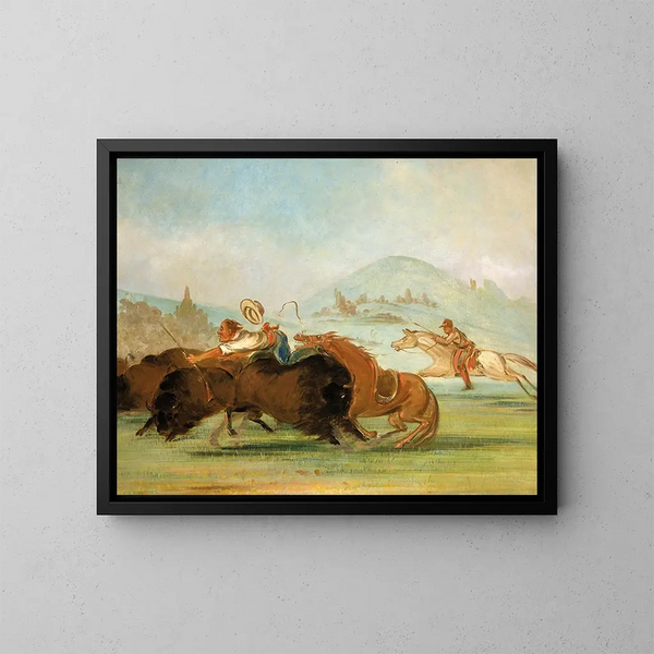 Baptiste i ja biegnący przez paszczę buma w Yellowstone - George Catlin — oprawiony obraz na ścianie