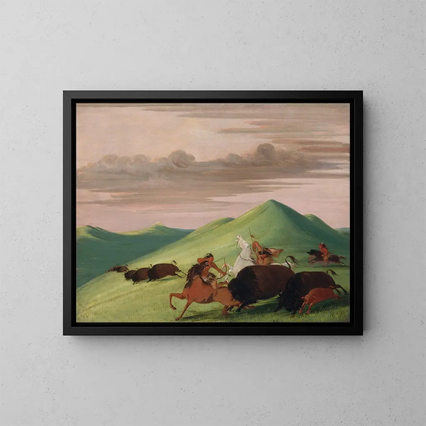 Polowanie na bawoła: byk chroniący krowę i jej cielę - George Catlin — oprawiony obraz na ścianie