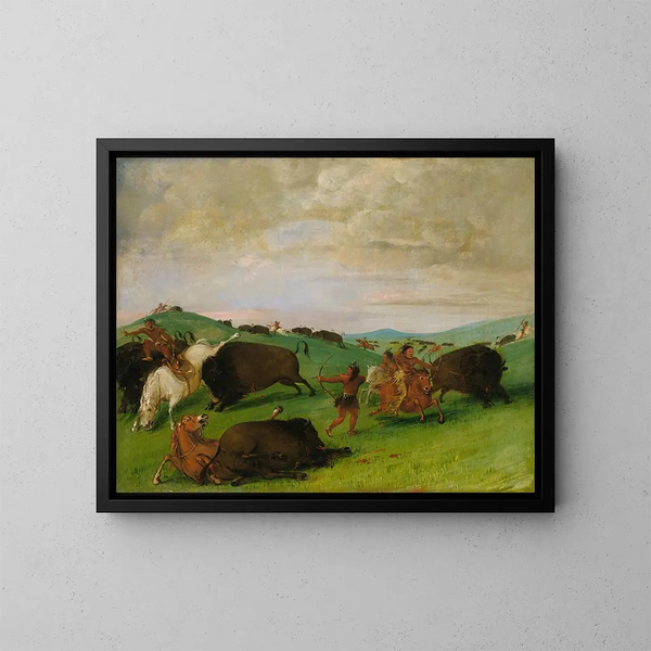 Polowanie na bawoła: byki walczące z ludźmi i końmi - George Catlin — oprawiony obraz na ścianie