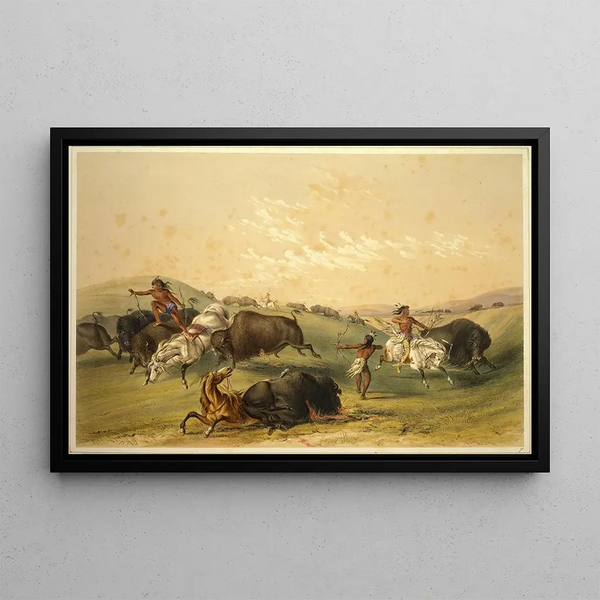 Polowanie na bizona, liczna grupa - George Catlin — oprawiony obraz na ścianie
