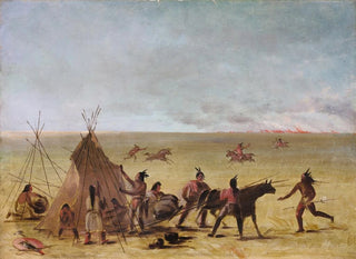 Zaniepokojona rodzina indiańska na skraju pożaru preri - George Catlin — widok dzieła
